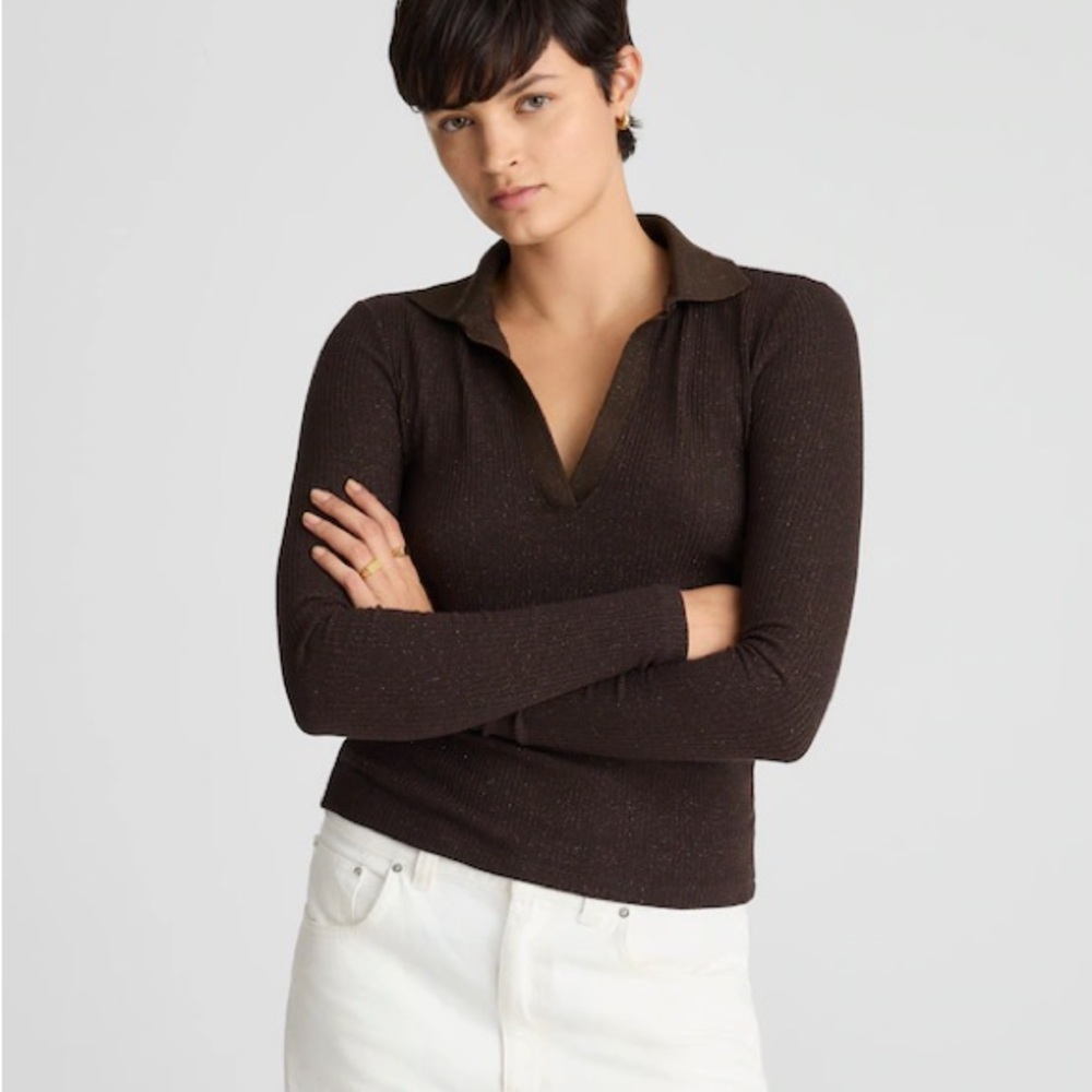 Madewell Sparkle Long-Sleeve Polo Top - brown lurex molasses NWT sz L